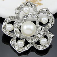 Glass Pearl Brooch, Zinc Alloy, with Glass Pearl, Flower, plated, with rhinestone, white, nickel, lead & cadmium free 