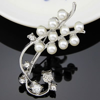 Glass Pearl Brooch, Zinc Alloy, with Glass Pearl, Flower, platinum color plated, with rhinestone, white, nickel, lead & cadmium free 