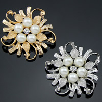 Glass Pearl Brooch, Zinc Alloy, with Glass Pearl, Flower, plated, with rhinestone, mixed colors, nickel, lead & cadmium free 