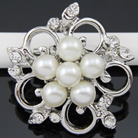 Glass Pearl Brooch, Zinc Alloy, with Glass Pearl, Flower, platinum color plated, with rhinestone, white, nickel, lead & cadmium free, 34mm 