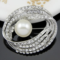 Glass Pearl Brooch, Zinc Alloy, with Glass Pearl, platinum color plated, with rhinestone, white, nickel, lead & cadmium free 