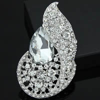 Crystal Brooch, Zinc Alloy, with Crystal, Leaf, platinum color plated, faceted & with rhinestone, clear, nickel, lead & cadmium free 