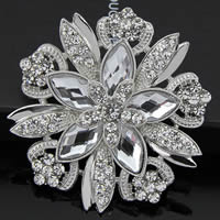 Crystal Brooch, Zinc Alloy, with Crystal, Flower, platinum color plated, faceted & with rhinestone, clear, nickel, lead & cadmium free 