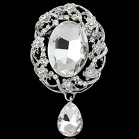 Crystal Brooch, Zinc Alloy, with Crystal, Oval, platinum color plated, faceted & with rhinestone, clear, nickel, lead & cadmium free 