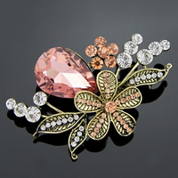Crystal Brooch, Zinc Alloy, with Crystal, Flower, antique bronze color plated, faceted & with rhinestone, multi-colored, nickel, lead & cadmium free 