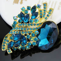 Crystal Brooch, Zinc Alloy, with Crystal, Flower, gold color plated, faceted & with rhinestone, blue, nickel, lead & cadmium free 