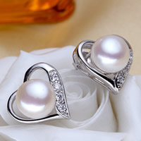 Freshwater Pearl Stud Earring, with Brass, Heart, natural, with cubic zirconia, white, 8-8.5mm 