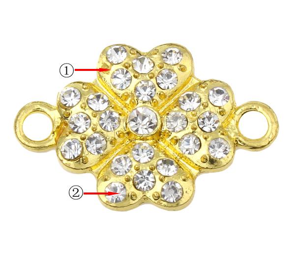 Zinc Alloy Clover Connector, Four Leaf Clover, plated, with rhinestone, more colors for choice, lead & nickel free, 25x17x2.5mm, Hole:Approx 2.5mm, Sold By PC