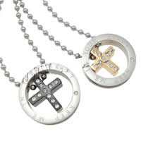 Couple Stainless Steel Necklace, 316L Stainless Steel, Flat Round, plated, with cross pattern & ball chain & for couple & with Czech rhinestone & two tone, 23mm, 20mm Approx 21.5 Inch 