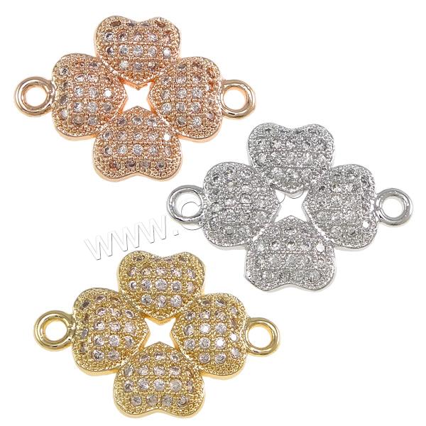 Cubic Zirconia Micro Pave Brass Connector, Four Leaf Clover, plated, micro pave cubic zirconia & 1/1 loop, more colors for choice, 21x15x3mm, Hole:Approx 1.5mm, Sold By PC