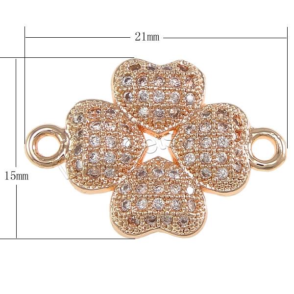 Cubic Zirconia Micro Pave Brass Connector, Four Leaf Clover, plated, micro pave cubic zirconia & 1/1 loop, more colors for choice, 21x15x3mm, Hole:Approx 1.5mm, Sold By PC