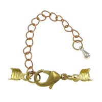 Brass Lobster Claw Cord Clasp, plated, with cord tip & with extender chain 29mm 