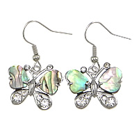 Abalone Shell Earring, Brass, with Abalone Shell, Butterfly, platinum color plated, with rhinestone, nickel, lead & cadmium free, 31mm 