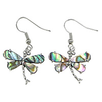 Abalone Shell Earring, Brass, with Abalone Shell, Dragonfly, platinum color plated, with rhinestone, nickel, lead & cadmium free, 37mm 
