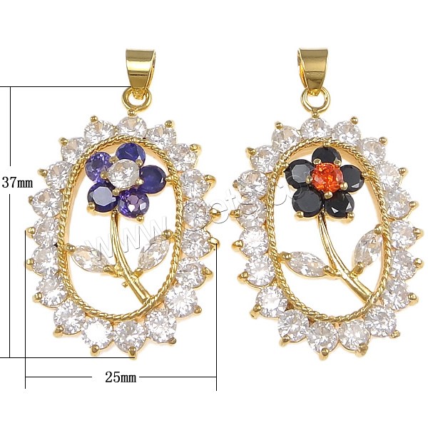 Cubic Zirconia Brass Pendants, Flower, plated, with cubic zirconia, more colors for choice, nickel, lead & cadmium free, 25x37x8mm, Hole:Approx 4x5mm, Sold By PC