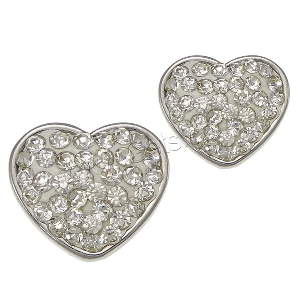 304 Stainless Steel Shank Button, with Rhinestone Clay Pave, Heart, with 36 pcs rhinestone & different size for choice, original color, Hole:Approx 4mm, Sold By PC