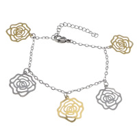 Two Tone Stainless Steel Bracelets, 304 Stainless Steel, with 1.3lnch extender chain, Flower, plated, charm bracelet & oval chain & hollow Approx 7 Inch 
