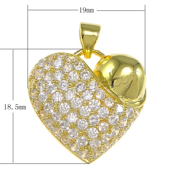 Cubic Zirconia Micro Pave Brass Pendant, Heart, plated, micro pave cubic zirconia, more colors for choice, 19x18.5x5mm, Hole:Approx 3x4mm, Sold By PC