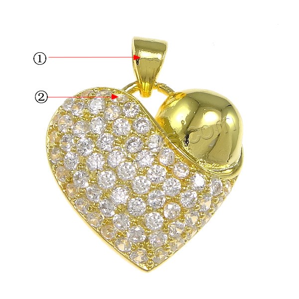 Cubic Zirconia Micro Pave Brass Pendant, Heart, plated, micro pave cubic zirconia, more colors for choice, 19x18.5x5mm, Hole:Approx 3x4mm, Sold By PC