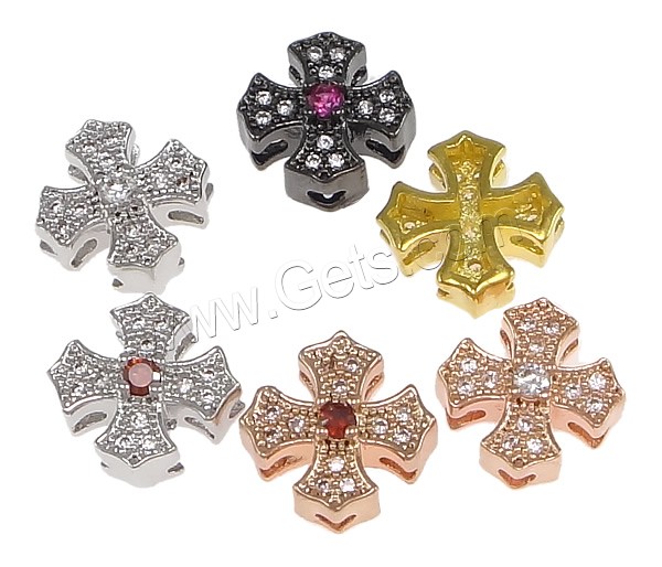 Cubic Zirconia Micro Pave Brass Beads, Cross, plated, multihole & micro pave cubic zirconia, more colors for choice, nickel, lead & cadmium free, 11x10.5x4.5mm, Hole:Approx 3mm, 2mm, Sold By PC