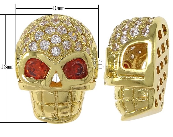 Cubic Zirconia Micro Pave Brass Beads, Skull, plated, micro pave cubic zirconia & hollow, more colors for choice, nickel, lead & cadmium free, 10x13x8mm, Hole:Approx 3x2mm, Sold By PC