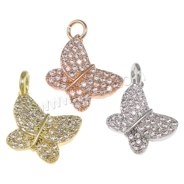 Cubic Zirconia Micro Pave Brass Pendant, Butterfly, plated, micro pave cubic zirconia, more colors for choice, 13.5x15x3mm, Hole:Approx 3mm, Sold By PC