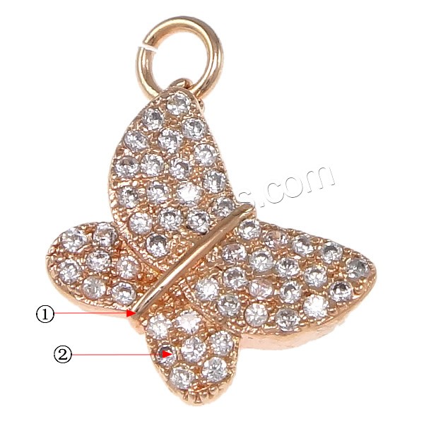 Cubic Zirconia Micro Pave Brass Pendant, Butterfly, plated, micro pave cubic zirconia, more colors for choice, 13.5x15x3mm, Hole:Approx 3mm, Sold By PC