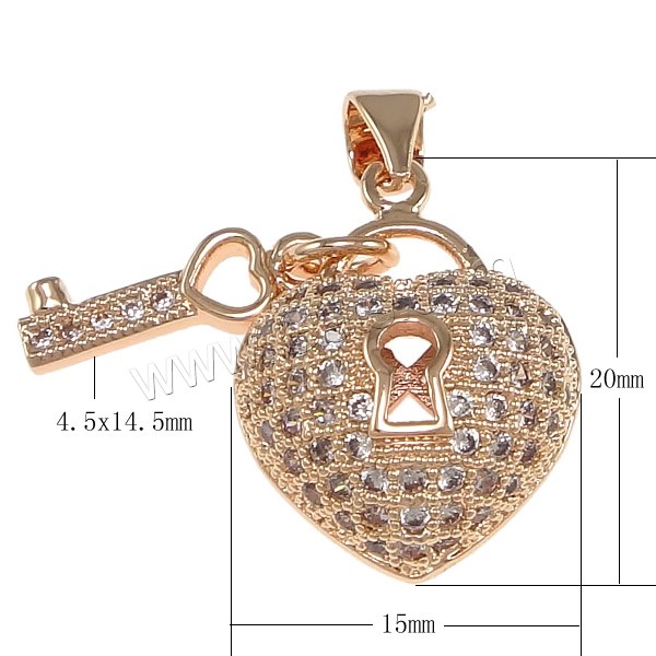 Cubic Zirconia Micro Pave Brass Pendant, Lock and Key, plated, micro pave cubic zirconia & hollow, more colors for choice, 15x20x8mm, 4.5x14.5x2mm, Hole:Approx 3.5x4.5mm, Sold By PC