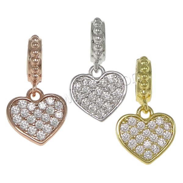 Brass European Pendants, Heart, plated, micro pave cubic zirconia & without troll, more colors for choice, nickel, lead & cadmium free, 17mm, 9x9x1.5mm, 2x9.5mm, Hole:Approx 5mm, Sold By PC