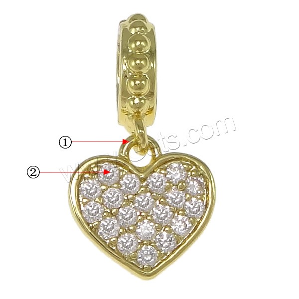 Brass European Pendants, Heart, plated, micro pave cubic zirconia & without troll, more colors for choice, nickel, lead & cadmium free, 17mm, 9x9x1.5mm, 2x9.5mm, Hole:Approx 5mm, Sold By PC