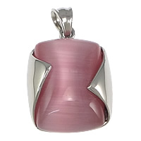 Cats Eye Stainless Steel Pendant, with Cats Eye, Rectangle, pink Approx 