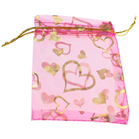 Organza Jewelry Pouches Bags, with Nylon Cord, Rectangle, with heart pattern & gold accent, fuchsia 