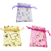Organza Jewelry Pouches Bags, with Nylon Cord, Rectangle, with heart pattern & gold accent 