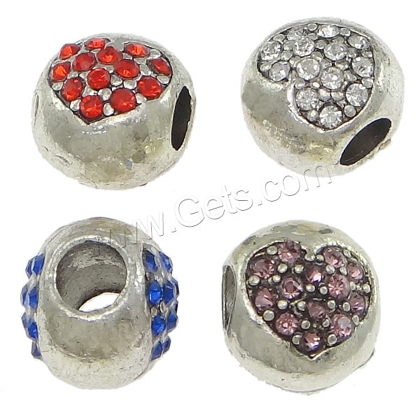 Rhinestone Zinc Alloy European Beads, Rondelle, plated, with rhinestone, more colors for choice, nickel, lead & cadmium free, 9.5x11x10mm, Hole:Approx 4mm, Sold By PC