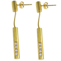 Stainless Steel Drop Earring, 304 Stainless Steel, Column, gold color plated, with rhinestone, 45mm 
