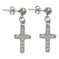 Stainless Steel Drop Earring, 304 Stainless Steel, Cross, with rhinestone, original color, 29mm 
