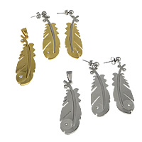 Fashion Stainless Steel Jewelry Sets, 304 Stainless Steel, pendant & earring, Feather, plated, with rhinestone 61mm Approx 