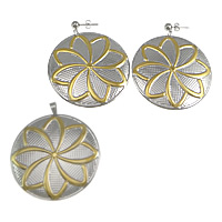 Fashion Stainless Steel Jewelry Sets, 304 Stainless Steel, pendant & earring, Flat Round, plated, with flower pattern & two tone  Approx 