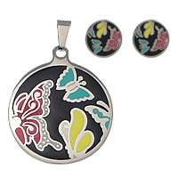 Fashion Stainless Steel Jewelry Sets, 304 Stainless Steel, pendant & earring, Flat Round, enamel, original color Approx 