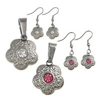Fashion Stainless Steel Jewelry Sets, 304 Stainless Steel, pendant & earring, Flower, with rhinestone 38mm Approx 