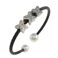Stainless Steel Cuff Bangle, 304 Stainless Steel, with Glass Pearl, Butterfly, plated, with rhinestone 3mm, 12mm, 10mm, Inner Approx Approx 7 Inch 