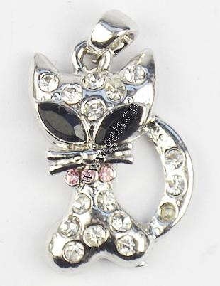 Zinc Alloy Animal Pendants, Cat, plated, with rhinestone, more colors for choice, 22x16mm, Sold By PC