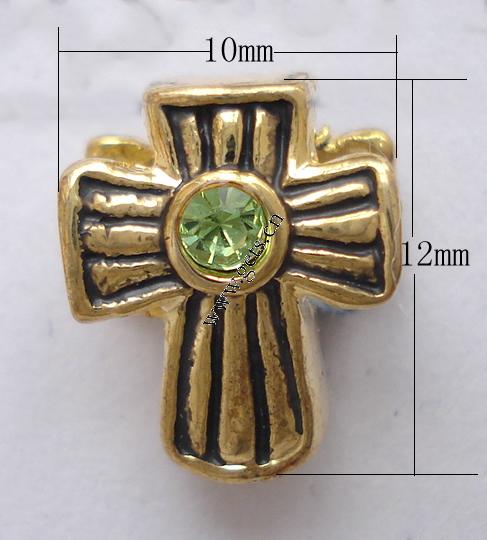Rhinestone Zinc Alloy European Beads, Cross, plated, without troll & with rhinestone, more colors for choice, 10x12mm, Hole:Approx 4mm, Sold By PC