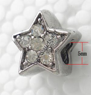 Rhinestone Zinc Alloy European Beads, Star, plated, without troll & with rhinestone, more colors for choice, 14x12x10mm, Hole:Approx 5mm, Sold By PC