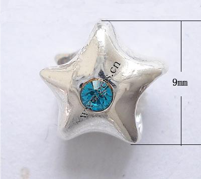 Rhinestone Zinc Alloy European Beads, Star, plated, without troll & with rhinestone, more colors for choice, 9x9mm, Hole:Approx 4mm, Sold By PC