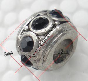 Rhinestone Zinc Alloy European Beads, Drum, plated, without troll & with rhinestone, more colors for choice, 12x8mm, Hole:Approx 4.5mm, Sold By PC