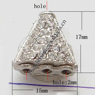 Rhinestone Zinc Alloy Beads, Tube, plated, plating thickness more than 3μm & with Mideast rhinestone, more colors for choice, nickel, lead & cadmium free, Grade A, 15x17mm, Sold By PC