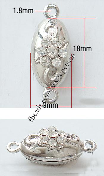Zinc Alloy Magnetic Clasp, Oval, plated, plating thickness more than 3μm & with Mideast rhinestone & single-strand, more colors for choice, 18x9x8mm, Sold By PC