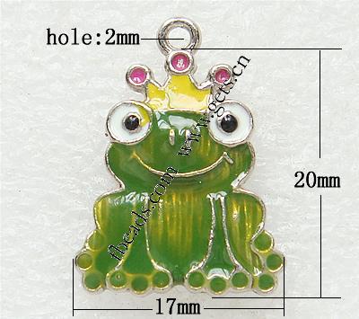 Zinc Alloy Animal Pendants, Frog, plated, enamel & with rhinestone, more colors for choice, 17x20x3mm, Hole:Approx 2mm, Sold By PC