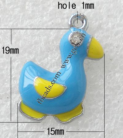 Zinc Alloy Animal Pendants, Duck, plated, enamel, more colors for choice, 19x15x5mm, Hole:Approx 1mm, Sold By PC